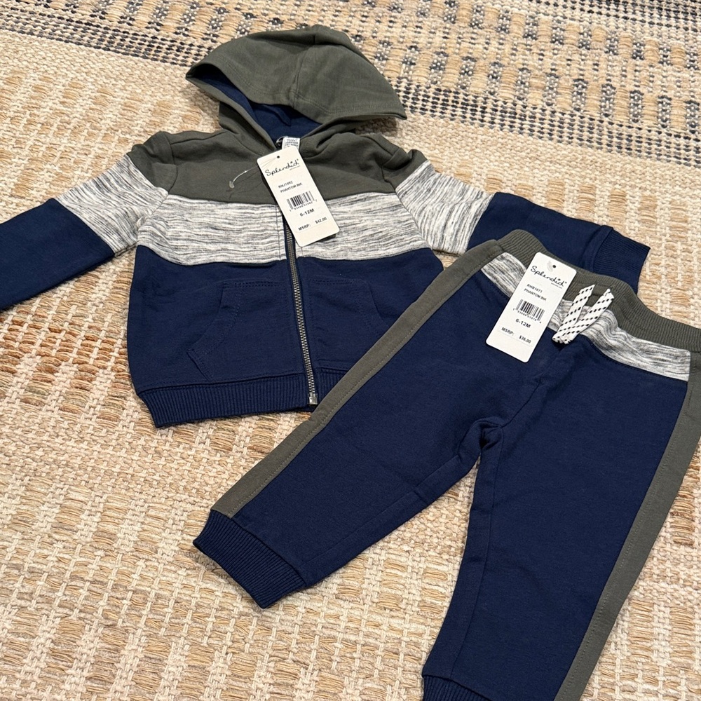 NWT. Splendid Super Cute Navy, Green, & Gray Kids Jogger Set. Size 6-12 Months